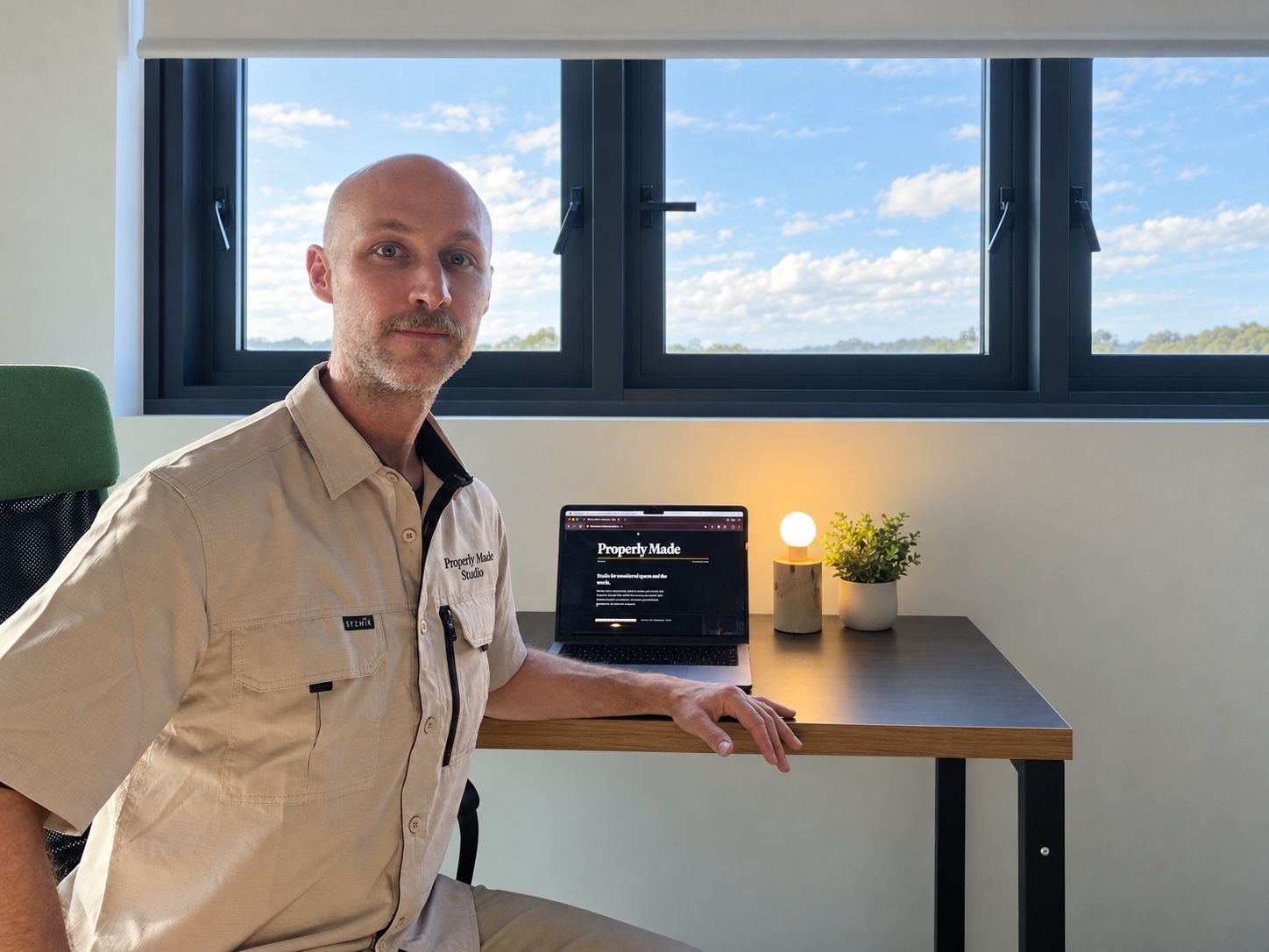 Nathan Harmond sitting at a desk beside an open laptop, wearing a Properly Made Studio shirt